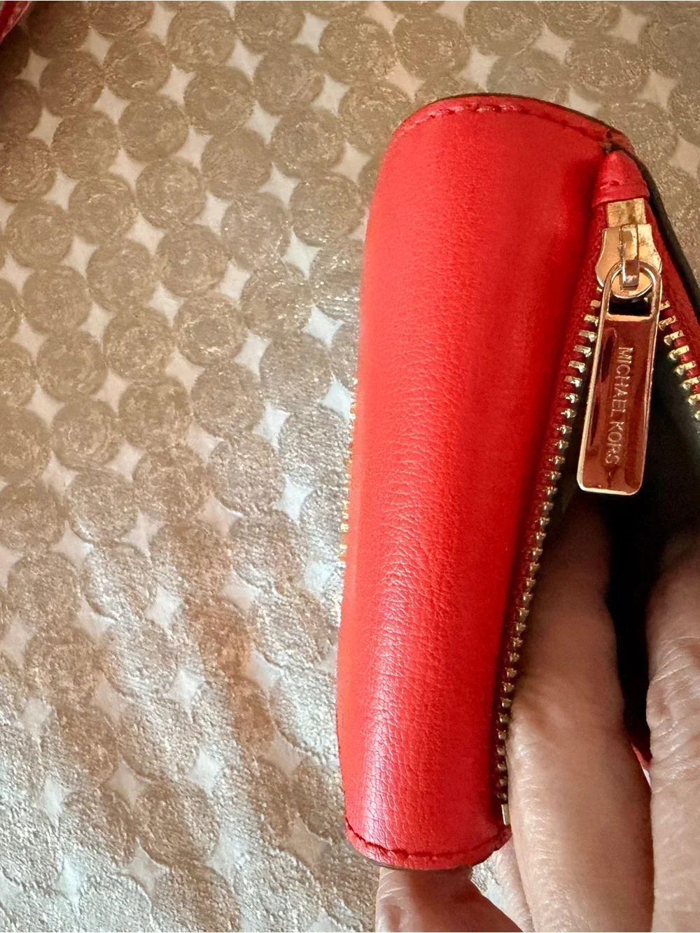Michael Kors Red Leather Bucket Bag with Matching Wallet and Stripe Strap